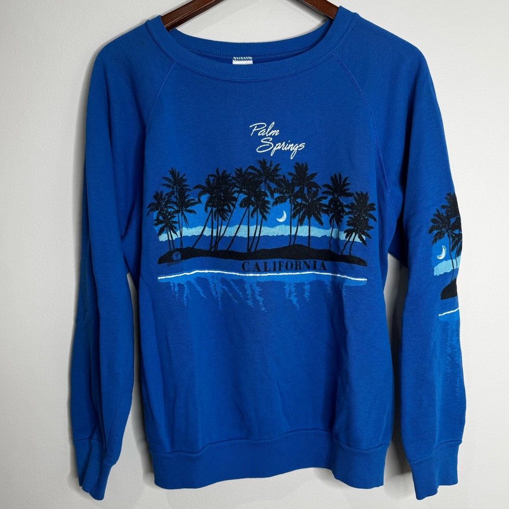 Vintage Palm Springs Blue Souvenir Palm Tree Beach Print Crewneck Sweatshirt‎